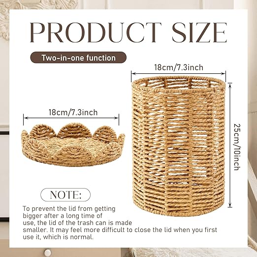 Ctosree 1.3 Gallons Small Wicker Trash Can with Lid Handle Woven Wicker Rattan Bathroom Waste Basket Boho Trash Basket with 100 Plastic Garbage Bags for Bedroom Laundry (Scalloped Style, Natural)