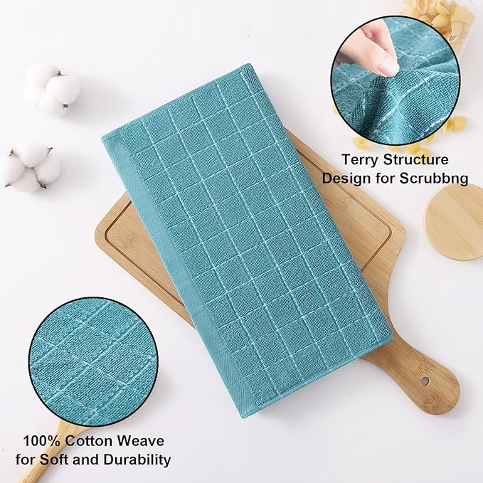 Homaxy 100% Cotton Terry Kitchen Dish Cloths, Ultra Soft and Absorbent Dish Towels for Kitchen, Suitable for Drying and Washing Dishes, 12 Pack, 12 x 12 Inches, Lake Blue