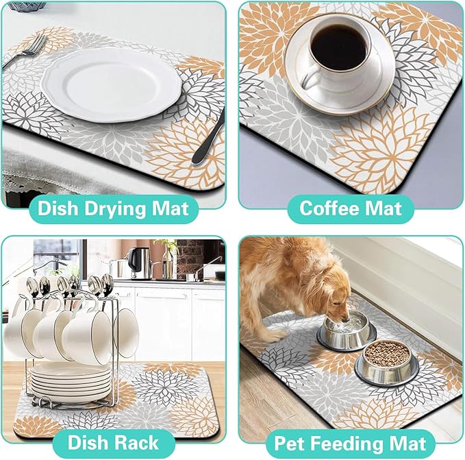Dish Drying Mat for Kitchen Counter Matt, 2PCS 23"x15" Dish Drainer Mat & 24"x5.5" Sink Splash Guard, Super Absorbent Non-slip Rubber Backed