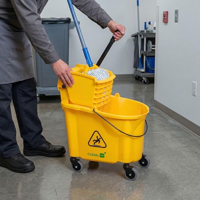Restaurantware RW Clean 38 Quart Industrial Mop Bucket 1 Combo Mop Wringer Bucket - With Side Press Wringer Built-In Casters Yellow Plastic Commercial Mop Bucket Carry Handle For Commercial Use