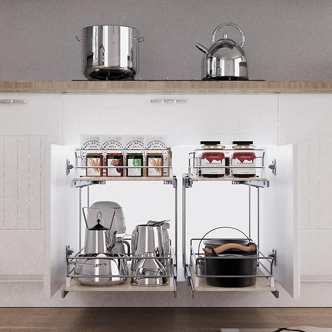 2 Tier Pull Out Cabinet Organizer 11" W X 22" D, Slide Out Drawers For Kitchen Cabinets, Pull Out Drawers For Cabinets Capacity Heavy Duty Caddy, Cabinet Pullout Shelves Wood Chrome, Pantry Storage