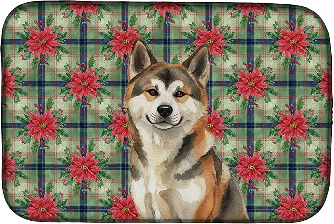 Caroline's Treasures Sesame Akita Christmas PoinsettIas Dish Drying Mat Absorbent Dish Drying Mat Pad for Kitchen Counter Dish Drainer Mat for Countertop, 14 x 21", Multicolor