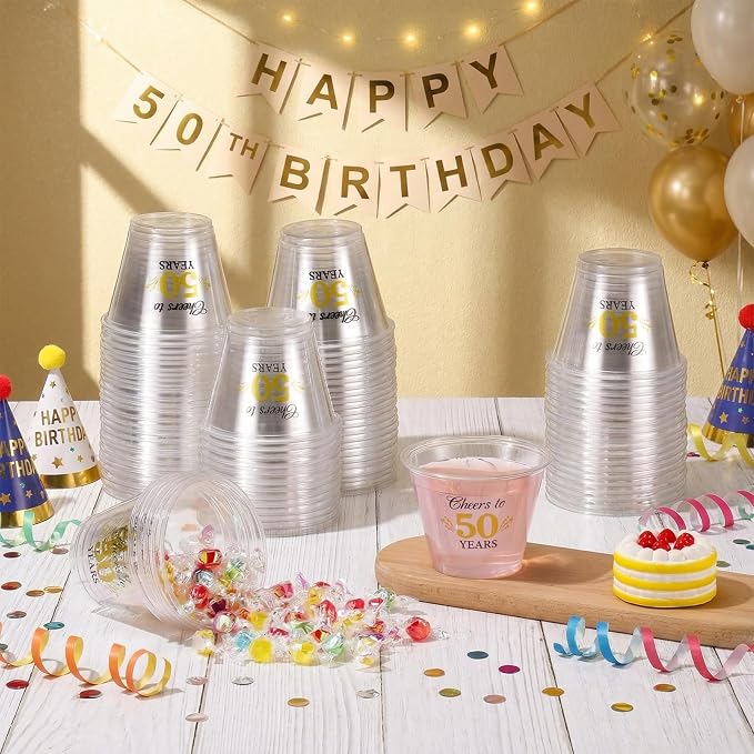 LemonRoad 100 Pack 50th Birthday Cup 9 oz Cheers to 50 Years Birthday Disposable Clear Plastic Cocktail Cups Hot Cold Beverage Drinks for Men Women Wedding Anniversary Decorations Party Favors