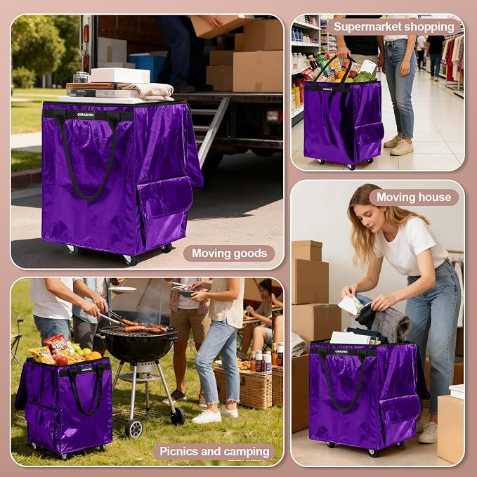 (Medium,Purple) Reusable Grocery Bag on 4 Wheels, 70L Foldable Rolling Tote Bag with 3 Handles and Zipper, Rolling Shopping Cart for Groceries, Storage, Laundry, Travel, Organizer, 76lb