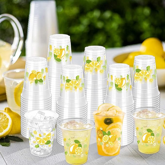 100 Pcs Lemon Plastic Cups,12 oz Yellow Lemon Disposable Clear Plastic Cups Lemons Theme Party Drinking Cup Hawaiian Luau Party Cup for Birthday Wedding Bridal Baby Shower Supplies