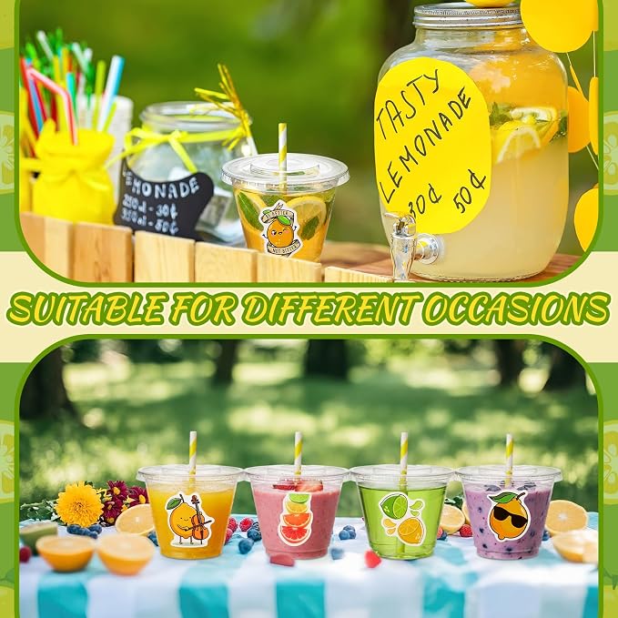 100 Pcs 9 oz Lemonade Stand Supplies, Lemonade Plastic Cups with Flat Lids Straws & Lemon Stickers, Clear Cold Beverage Paty Cup for Summer Birthday Party Lemon Decoration