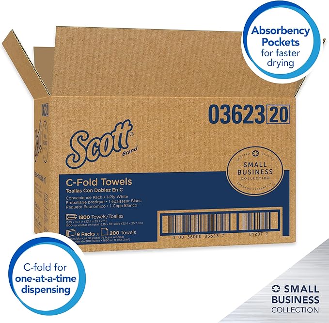 Scott Professional Scott® C-Fold Folded Paper Towels, Bulk (03623), with Absorbency Pockets™, White, (200 Sheets/Pack, 9 Packs/Case, 1,800 Sheets/Case)