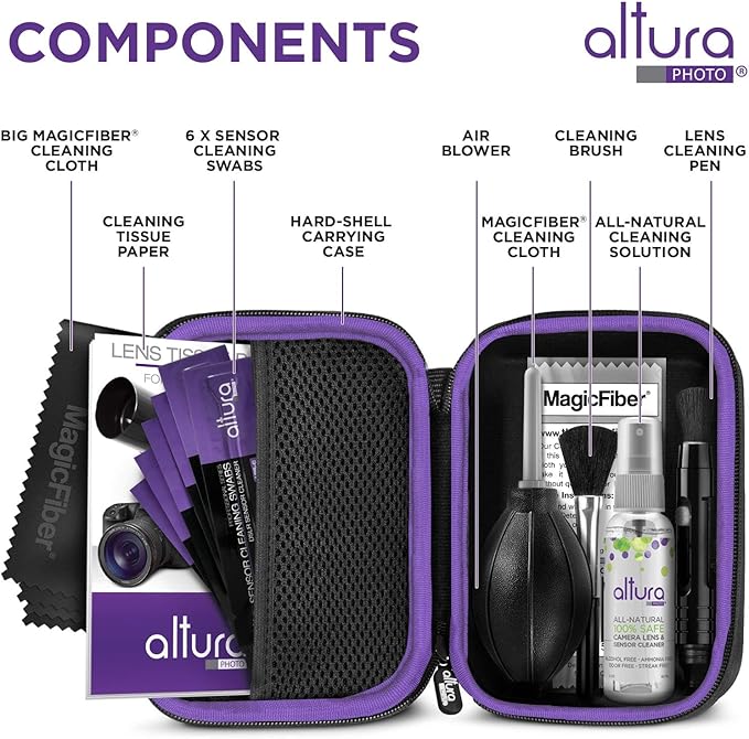 Altura Photo Camera Cleaning Kit - APS-C Lens & Sensor Cleaner with All-Natural Solution, 16mm Factory-Sealed Swabs, Pen, Blower, Brush, Cloths & Hard Case for Canon Nikon Sony DSLR Mirrorless