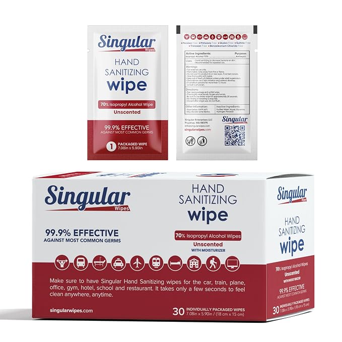 Hand Sanitizing Wipes Travel Size by Singular Wipes –30ct Individually Wrapped | Fragrance-Free, Moisturizing, 70% Isopropyl Alcohol Wipes | Travel, Home, Office, Daily Use