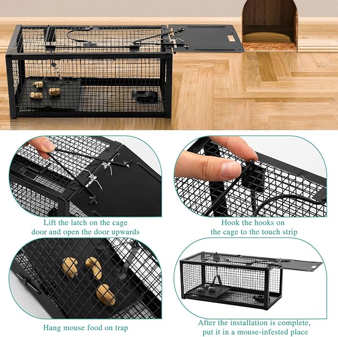 Qualirey 2 Pcs Live Rat Trap Humane Mouse Trap Mice Rat Cage Work for Small Animal Indoor and Outdoor Mouse Voles Hamsters Catch and Release(Black)