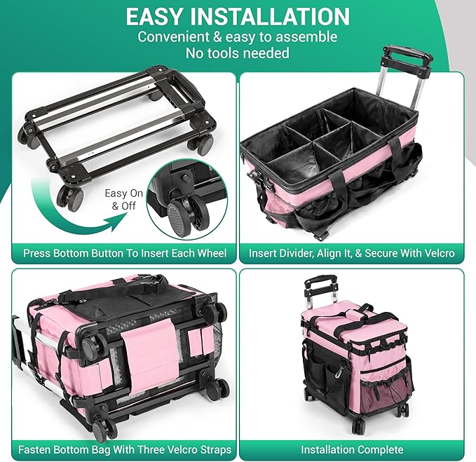 Large Rolling Cleaning Caddy Bag w/Detachable Trolley & Lid - Portable Cleaning Cart on Wheels w/Shoulder Strap & Waist Pouch - Cleaning Supplies & Tool Organizer for Home, Office, Car (Pink)