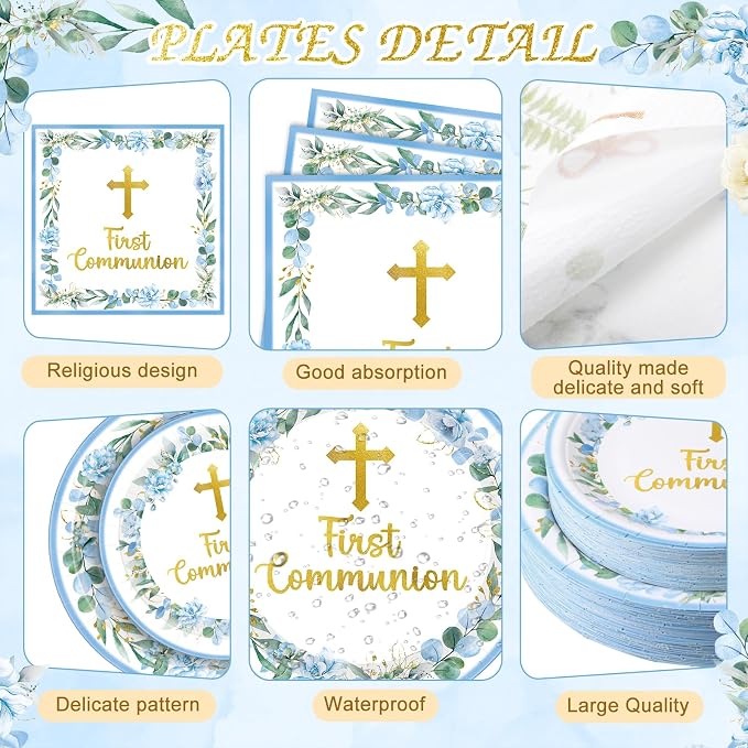 Pickmesh 250 Pcs Blue First Holy Communion Disposable Tableware Set God Bless Baptism Disposable Paper Plates Napkins and Cups for Boys Christening Celebration Baby Shower Religious Supplies Serve 50