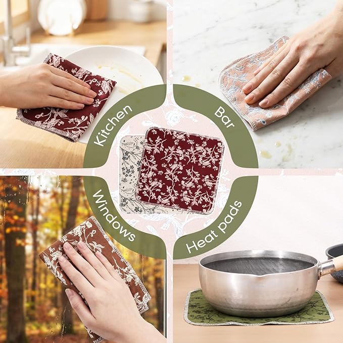 Redbaker 50 Pcs Reusable Paper Towels Paperless Reusable Cotton Cloths Toilet Absorbent Washable Paper Towels with Roll Kitchen Dishcloth for Kitchen Paperless Dishcloths(Branches)