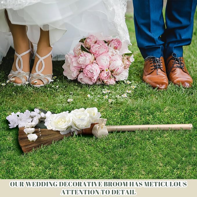 Yungyan Wedding Brooms for Jumping Ceremony Bride Bridegroom DIY Whisk Brooms 11.81 x 25.2 in with Ribbons Artificial Pearl Eucalyptus Leaves Roses Delphinium for Wedding Ceremony Craft