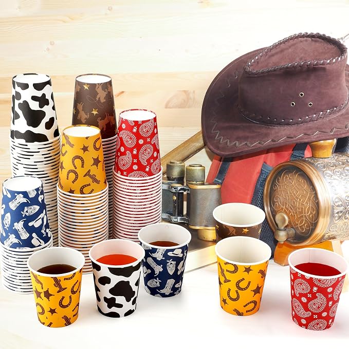 Yaomiao 200 Pcs Western Cowboy Paper Cups 9 oz Party Disposable Paper Coffee Cups Bulk for Western Theme Birthday Rodeo Supplies Decorations