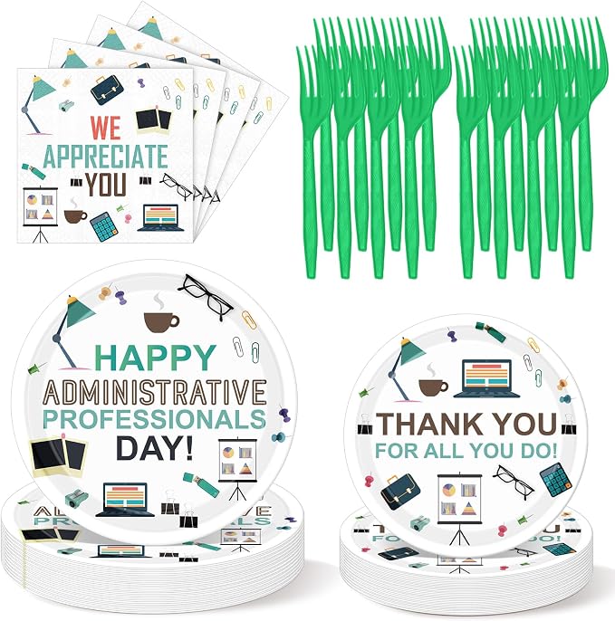 Remerry 96 Pcs Happy Administration Professionals Day Party Supplies We Appreciate You Tableware Disposable Thank You Employee Staff Paper Plates Napkins Forks for Party Decoration