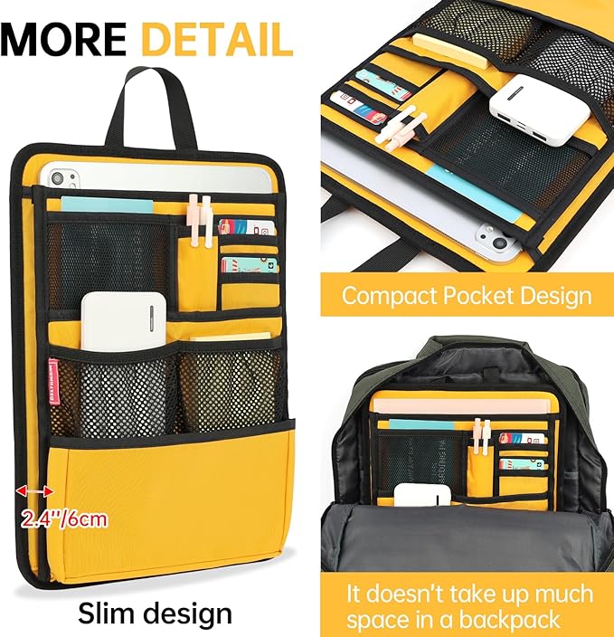 Slim Rugged Backpack Organizer Insert for Business Casual Men Women -13 Pockets,Padded Nylon,Max 14'' laptop- Yellow