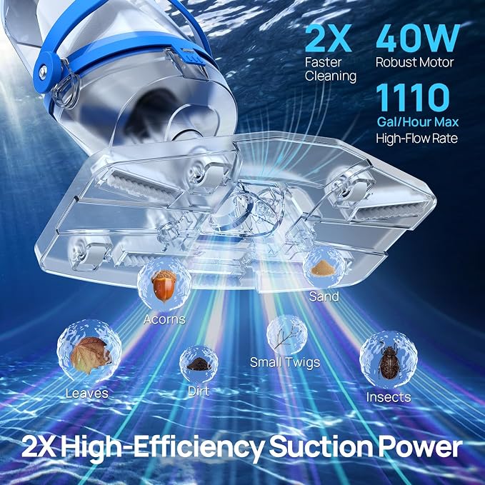 Handheld Pool Vacuum for Above Ground & Inground Pools, Consciot Cordless Rechargeable Pool Cleaner with Telescopic Pole up to 87.5", 1110 GPH Suction, 60Min Runtime, See-Through Head, Light Blue