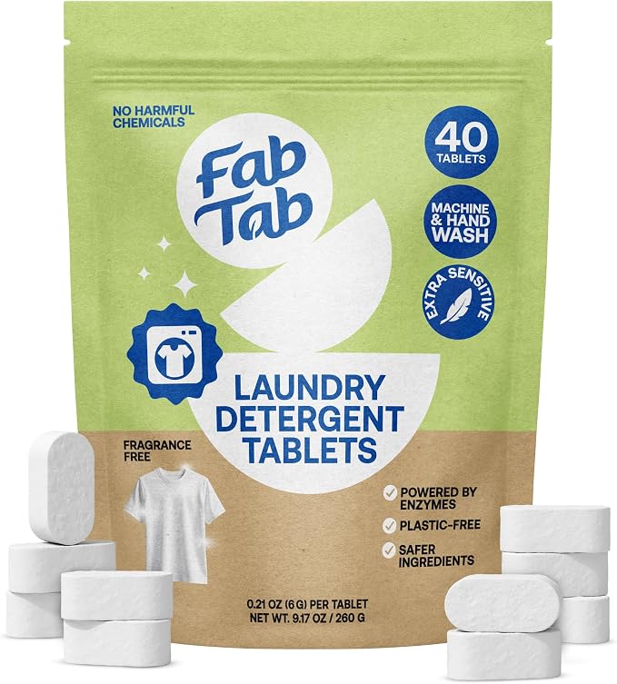 Fab Tab Laundry Detergent Tablets, Clean Ingredients, Sensitive Skin Friendly, Powerful & Gentle Clean, Unscented, Plastic-Free Alternative to Liquids, Laundry Pods and Sheets, 40 Count.