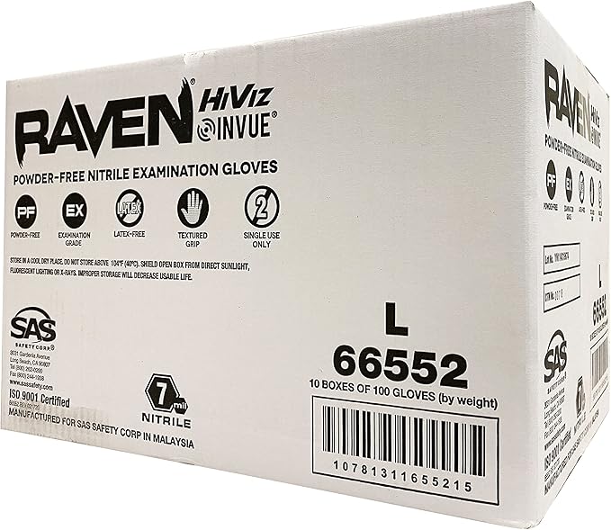 SAS Safety RAVEN HiViz Neon Green Nitrile Gloves (formerly Derma VUE), Size LARGE, 7 MIL, Powder Free - 10 Boxes of 100 Gloves By Weight (1000 Count)