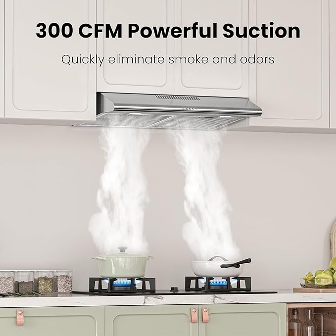 FIREGAS 30 Inch Under Cabinet Range Hood, 300 CFM Ducted/Ductless Kitchen Vent Hood Over Stove, 3-Speed Exhaust Fan with LED Light, Reusable Filter & Charcoal Filter, Stainless Steel