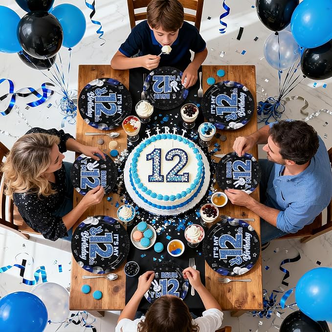 96 Pcs 12th Birthday Decorations for Boys Blue and Black Plates and Napkins Disposable Glitter It's My 12th Birthday Party Supplies for Boys Kids Teenager 12 Years Old Party Decor，Serves 24