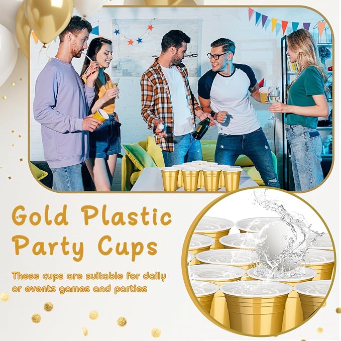 tchrules 100 Pcs 12oz Gold Plastic Cups, Disposable Gold Party Cup for Christmas, Plastic Drinking Cup Bulk for Halloween Thanksgiving Birthday Wedding Picnic Party Decoration Supplies