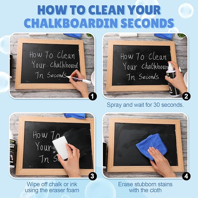 Fuyoooo 6 Sets Chalkboard Cleaner Spray and Eraser Kit 8oz Dry Erase Board Cleaner Spray Microfiber Cleaning Cloths with Sponge Erasers Liquid Chalk Markers for Whiteboard Blackboard Dry Erase Board