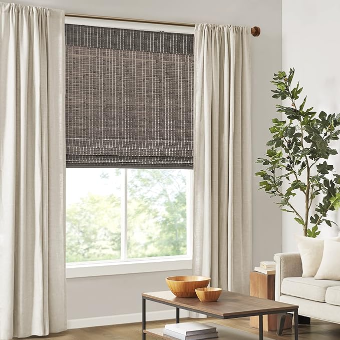 Madison Park Eastfield 100% Bamboo Cordless Roman Shades-Woven Wooden Privacy Panel, Light Filtering Easy Installation Window Blind Treatment, Bedroom, Living Room Decor, 29" W x 64" L, Grey Ash
