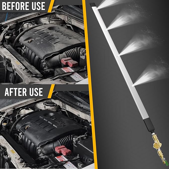 24" Radiator Cleaning Wand, 4500 PSI Water and Air Dual-Use Pressure Washer Tool, 180° Swivel, 4-Nozzle Fan Spray, 3 Quick Connect Adapters, AC Coil Cleaner for Car Truck SUV RV Engine Cooling