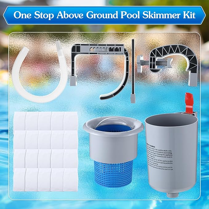 Enhon Above Ground Pool Skimmer with 20 Pcs Wall Mount Surface Skimmer Socks, Automatically Cleans Pool Skimmer Accessories with Hose Basket Net, Adjustable Floating Pool Filter for Removes Debris