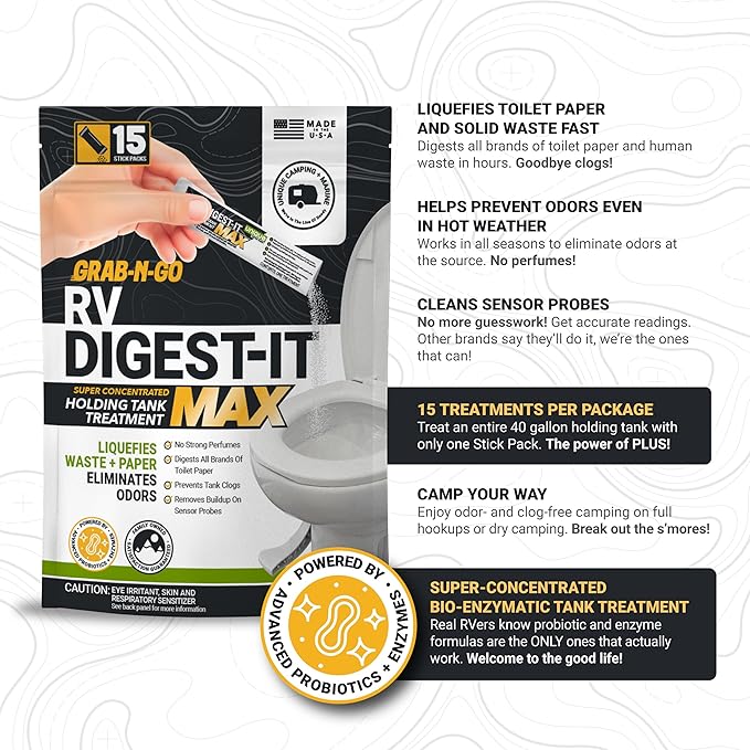 Unique RV Digest-It Max RV Toilet Treatment Stick Packs, 15 Count, No-Mess, Pre-Measured, Grab-N-Go Black Holding Tank Treatment, Liquifies Waste and Paper, Odor Eliminator