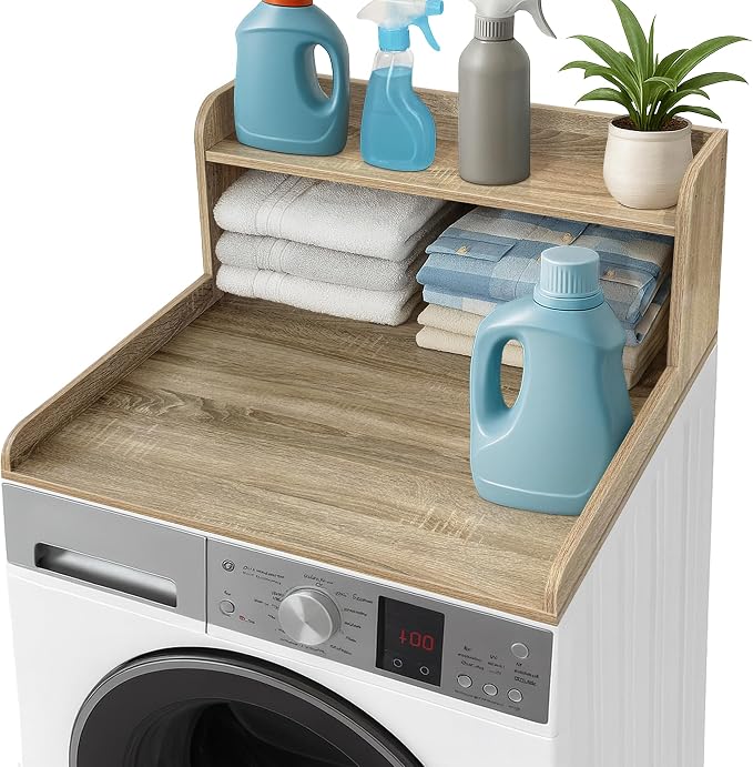 Royxen Washer Dryer Countertop with Shelf,2-Tier Laundry Countertop for Single Washer and Dryer,Soild Wood Core Washer Dryer Topper for Laundry Room Organization(White Oak)