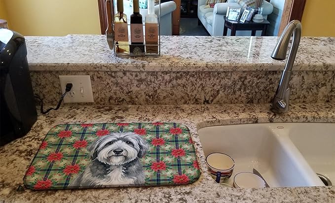 Caroline's Treasures Gray and White Old English Sheepdog Christmas PoinsettIas Dish Drying Mat Absorbent Dish Drying Mat Pad for Kitchen Counter Dish Drainer Mat for Countertop, 14 x 21", Multicolor