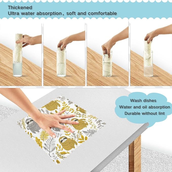 Cartoon Sloths Leaves White Kitchen Towels Dish Cloths Set of 6 Microfiber Cleaning Cloths for Cars Super Absorbent Machine