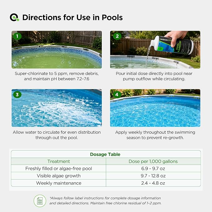 AquaDoc Liquid Algaecide for Swimming Pools - 32 oz - Treats Up to 2,500 Gallons - Non-Foaming, Copper-Free Formula for Pool Algae Control with Built-in Clarifier - Made in USA