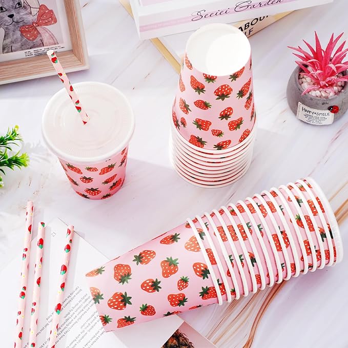 50 Sets Strawberry Paper Cups with Paper Straws Plastic Lids 12OZ Summer Fruits Disposable Coffee Tea Cups for Girls Fruit Birthday Party Juice Drink Beverage Bar Supplies