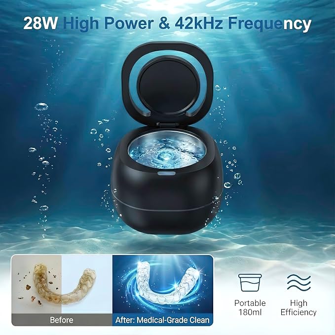 Ultrasonic Retainer Cleaner Machine, Black, 42KHZ Dental Cleaning Pod For Denture, Toothbrush Heads,Jewelry, Braces, Digital Timer with 2 Modes, 180ML,304 stainless steel inner liner