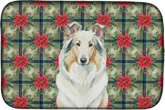 Caroline's Treasures White Collie Christmas PoinsettIas Dish Drying Mat Absorbent Dish Drying Mat Pad for Kitchen Counter Dish Drainer Mat for Countertop, 14 x 21", Multicolor