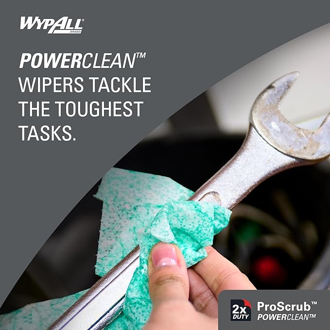 WypAll PowerClean ProScrub Heavy Duty Wet Towels (58310), Dual Action Cleaning, Large 9.5" x 12" Wipes, Canister Included (8 Canisters of 50 Sheets, 400 Sheet Total)