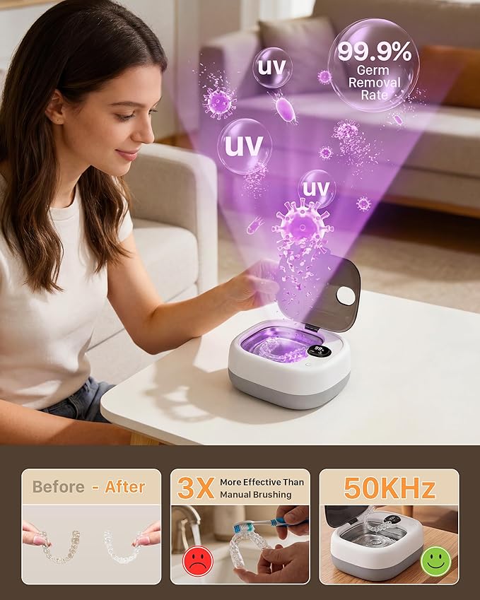 UEOFEN Cordless Ultrasonic Retainer Cleaner: 10-14 Cleans per Charge, 7-Day Travel Power - Smart Battery Percentage Display & UV Light - Compact for Retainers, Aligners, Partial Dentures, Jewelry