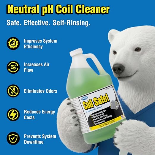 Coil Safe Evap Coil Cleaner, 1 Gallon, Self-Rinsing, Neutral pH, Non-Toxic, For Commercial/Residential AC & Refrigeration Coils, Made in USA, Green, Pleasant Smell (90-298) | Self-Rinsing, Lemon Scent Neutral pH, Non-Toxic For Commercial/Residential AC...