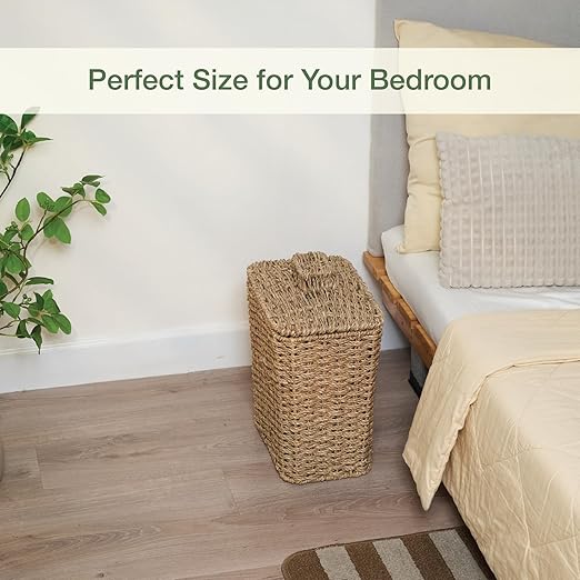 84ECO Wicker Trash Can with Lid and Liner - Rattan Trash Can for Bathroom - Decorative Wicker Waste Basket for Bedroom, Kitchen and Office (Natural Seagrass)