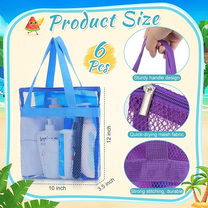 6 Pcs Mesh Shower Caddy Bags Portable Mesh Beach Bags Bulk with Zipper & 2 Pockets Hanging Toiletry and Bath Organizer for Gym Swimming Travel Camping College Dorms Beach (Fluorescent Color)