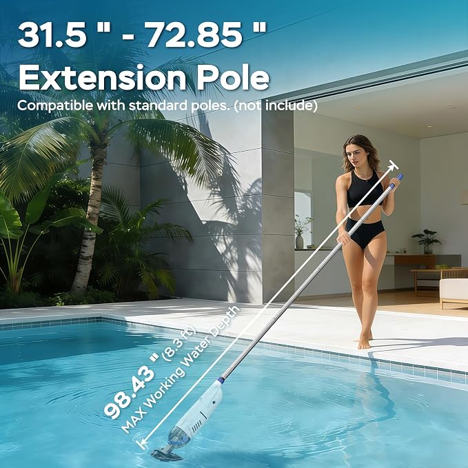 Pool Vacuum for Above Ground Pool with 72.85" Pole, Upgraded 18.5 GPM Powerful Suction Handheld Pool Vacuum, 4 Filter Bags & 1H RunTime Rechargeable Pool Vacuum Cleaner for Above/Inground Pools