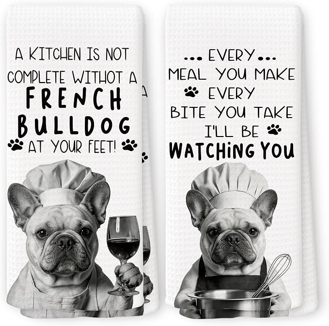 Funny French Bulldog Dog Kitchen Towels 16x24 Inch Set of 2 | French Bulldog Lovers Gifts for Women Men Dish Tea Towels for Kitchen, Dog Lover Mom Dad Owner Gifts Decorative Hand Towel