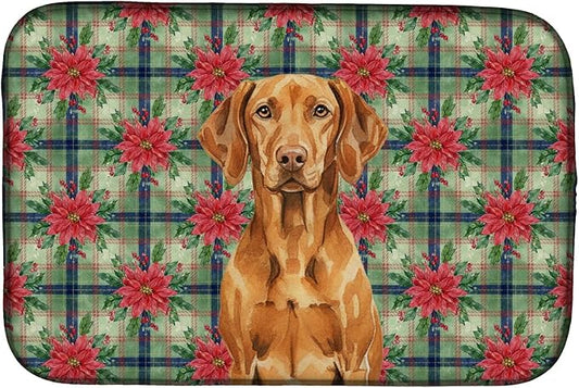 Caroline's Treasures Vizsla Christmas PoinsettIas Dish Drying Mat Absorbent Dish Drying Mat Pad for Kitchen Counter Dish Drainer Mat for Countertop, 14 x 21", Multicolor