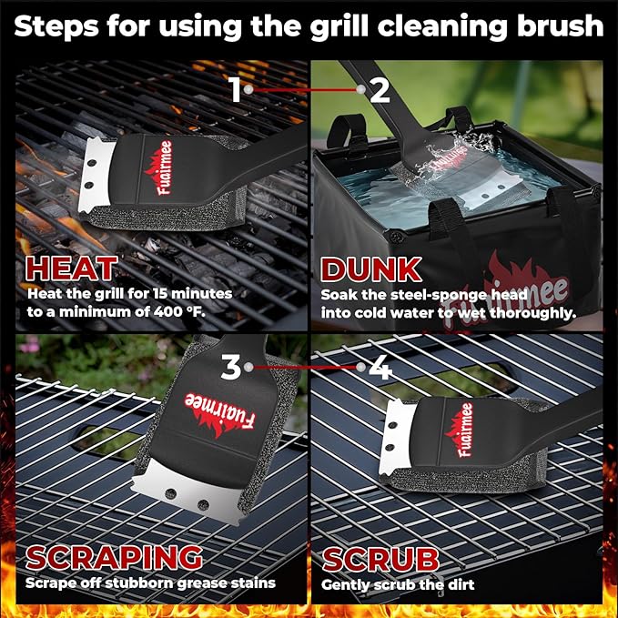 2PCS Bristle Free Grill Brush for Outdoor Grill, with Water Dunk Basin（Black, Steel Fiber Grill Brush for Cast Iron/Porcelain/Charcoal/Stainless Steel Grates