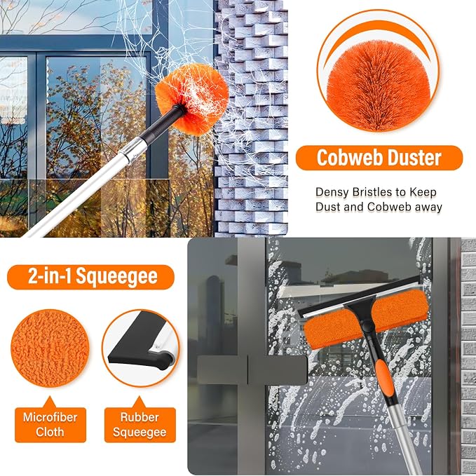 20FT High Reach Duster with Extension Pole 3-12FT, 4-in-1 Cleaning Kit with Universal Swivel Joint, High Ceiling Fan Cleaner Duster, Cobweb Duster, Microfiber Feather Duster and Window Squeegee