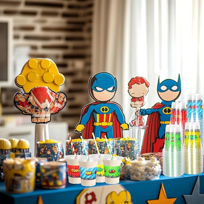 FYSUIMU 100Pcs 12Oz Hero Party Disposable Plastic Cups with Lids and Straws Super Hero Theme Cold Beverage Drinking Cups for Home Kitchen Party Supplies